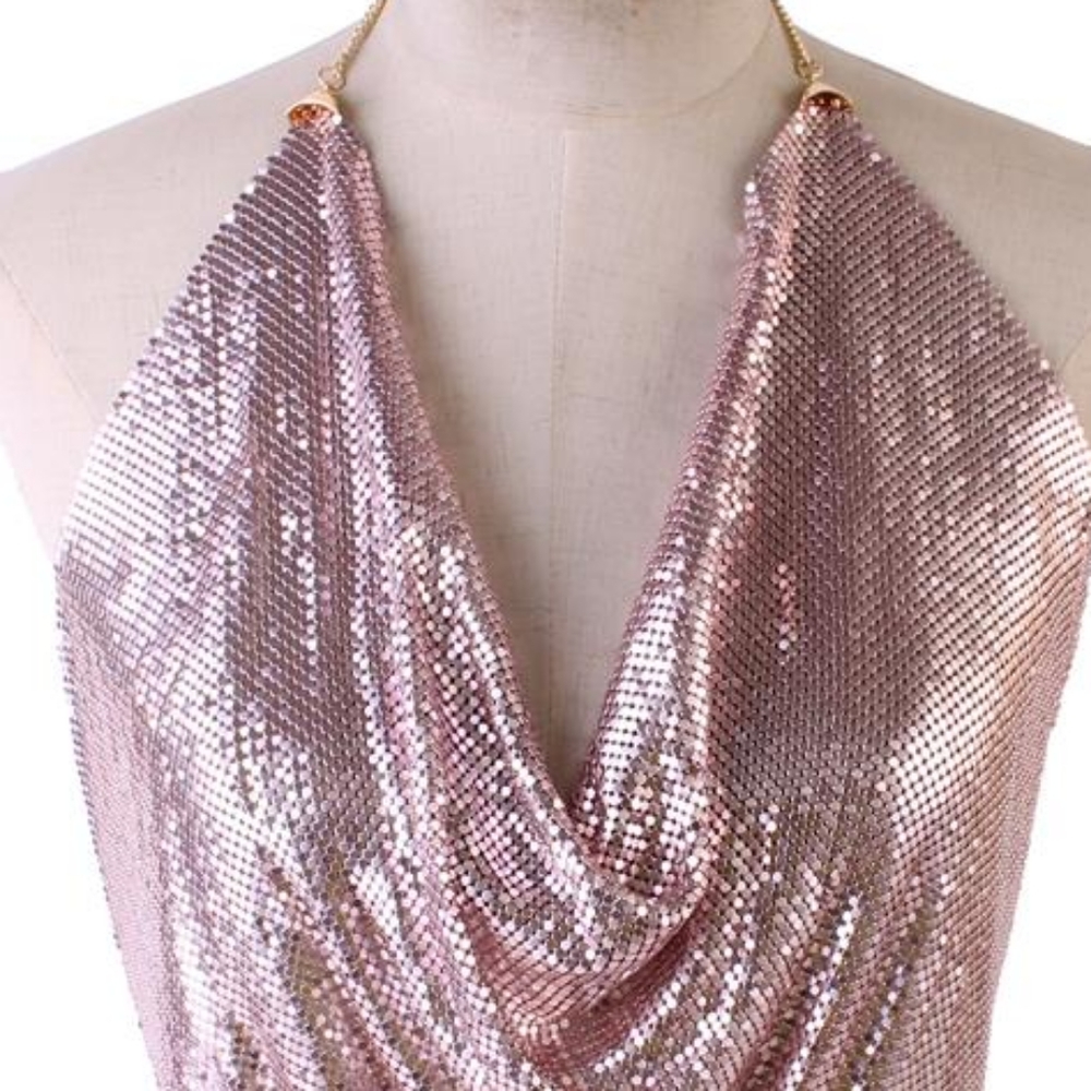 Pink Mesh Metal Backless Body Chain Crop Top Trendy Camisole Fashion Statement - Picture 2 of 3